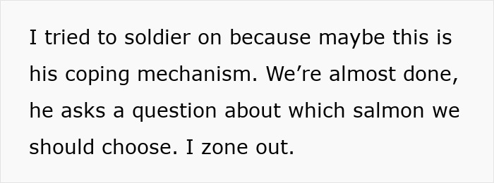 Text excerpt about coping mechanisms during food shopping, highlighting triggers and challenges faced by a guy in a grocery store.