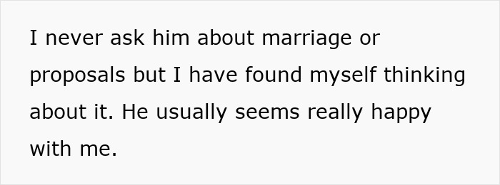 Alt text: Text about relationship thoughts with marriage proposals and happiness, relating to guy mocking girlfriend after work trip gift.