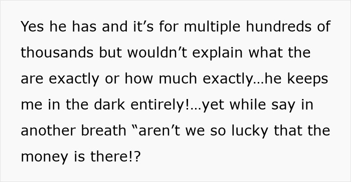 Text excerpt of upset wife about husband&rsquo;s secret trust funds for kids, unsure about details or amounts shared.