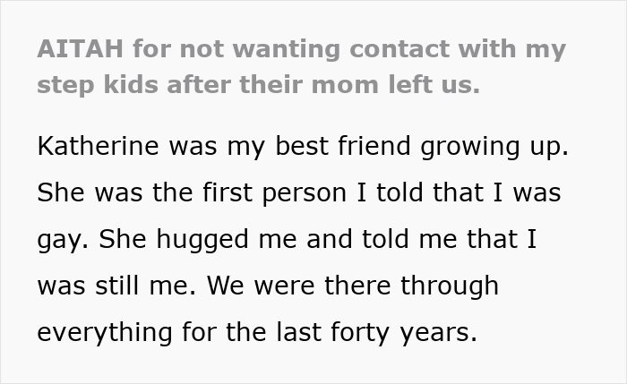 Text excerpt about step kids and mom loss money, discussing family and emotional support over many years.