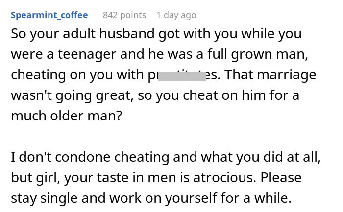 Screenshot of a Reddit comment discussing karma and cheating in a complicated relationship situation. Screenshot of a Reddit comment discussing karma and cheating in a complicated relationship situation.
