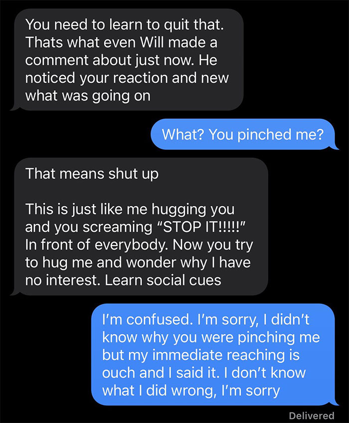 Text message conversation showing husband upset at wife's reaction, highlighting confusion about his weird behavior at dinner.