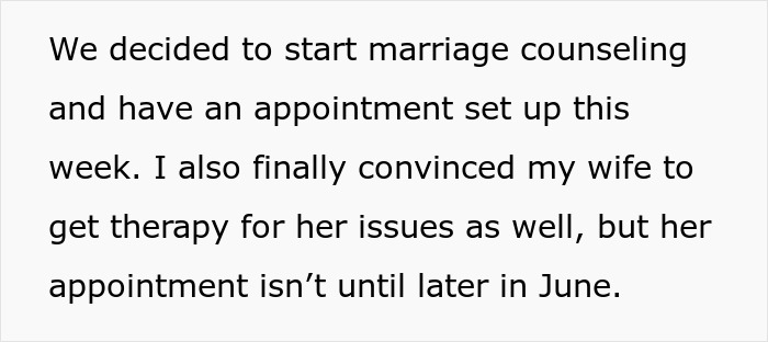 Text discussing a man debating divorce, mentioning marriage counseling and his wife's therapy appointment scheduled for June. - 33