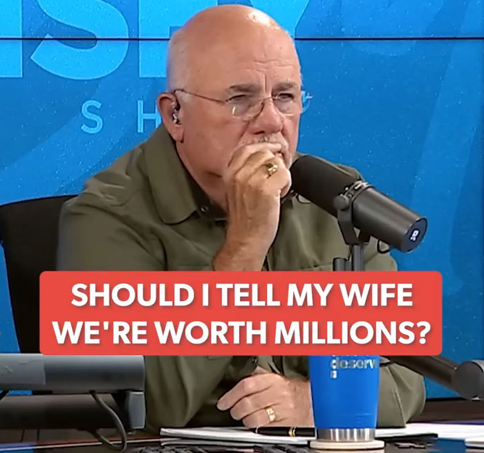 Financial expert speaking into microphone, discussing guy hiding real net worth from wife during podcast.