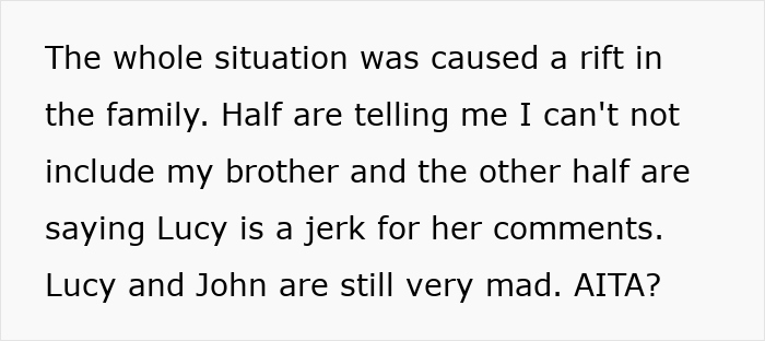 Text discussing a family rift caused by a guy eating leftovers, fearing telling his wife, and blaming his sister.