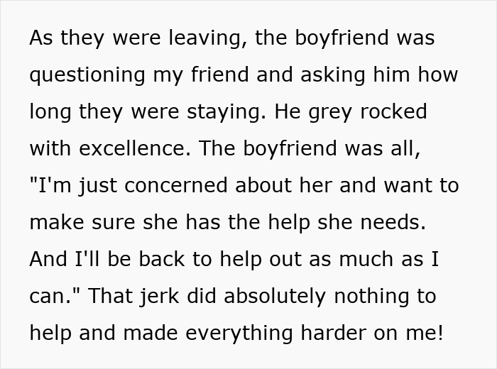 Text excerpt describing a woman letting a friend stay during surgery recovery, facing a filthy house and a car driven 1,100 miles. - 12