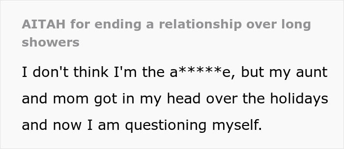 Reddit screenshot: woman questions ending relationship after long showers, woman misses boyfriend red flags