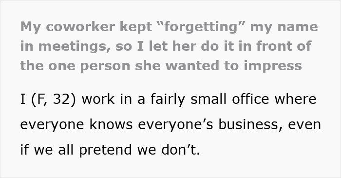 Office Karen belittling coworker by forgetting her name during meetings leads to public humiliation.