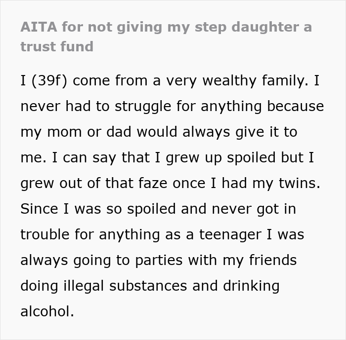 Text excerpt discussing a personal story about not giving a step daughter a trust fund from a wealthy family background.