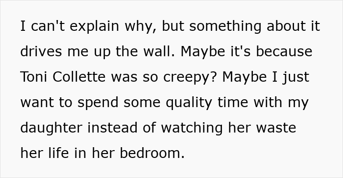 Text showing a mom's deep resentment wishing her daughter were a cheerleader instead of building tiny cottages. Text showing a mom's deep resentment wishing her daughter were a cheerleader instead of building tiny cottages.