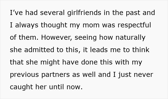 Text excerpt discussing a guy reflecting on his mother secretly going through his girlfriend’s wallet and taking photos of her ID.