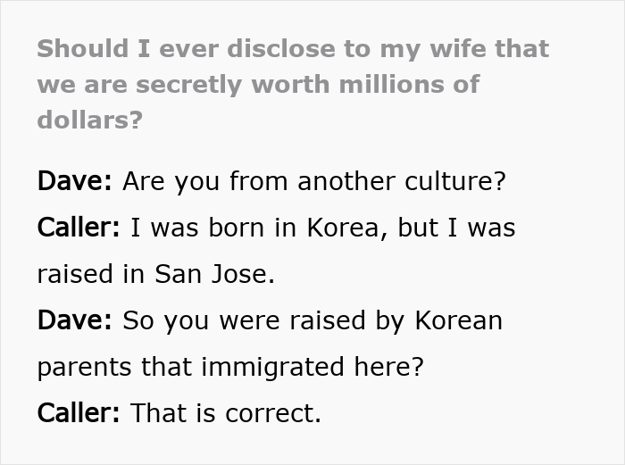 Text conversation between Dave and a caller discussing hiding real net worth from wife and cultural background.