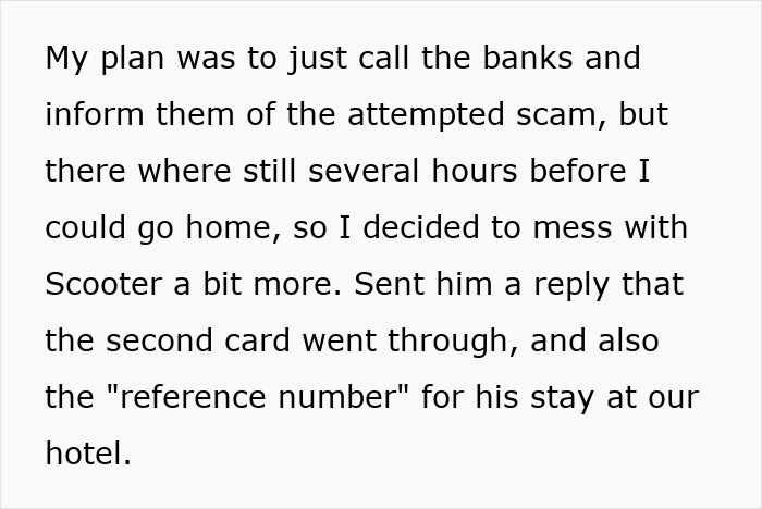 Text excerpt describing a hotel receptionist cleverly messing with a scammer involved in $2k laundering attempt.