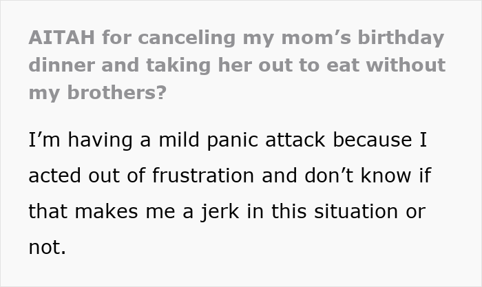 Text post about a sister taking her mom out for dinner without brothers, who were too broke to pitch in.