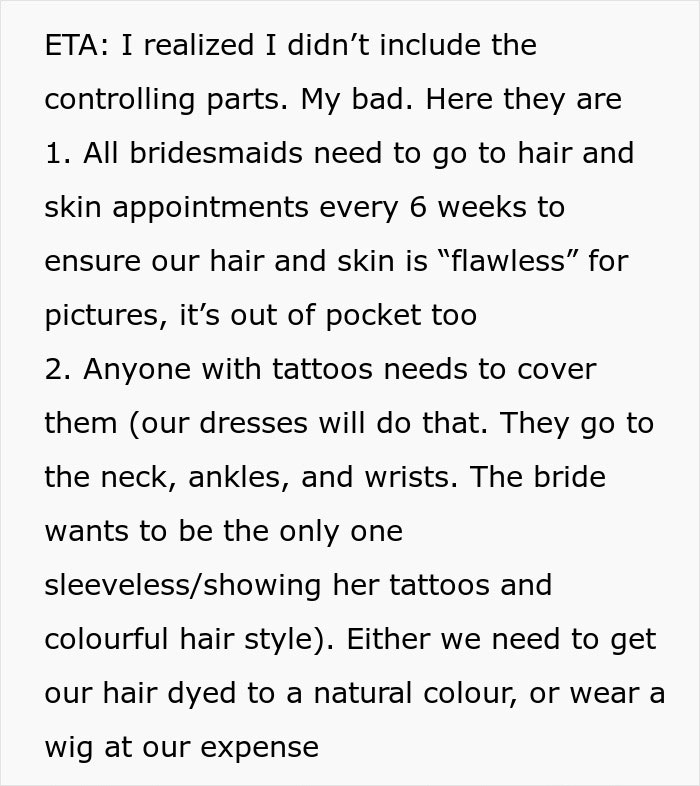 Bridezilla sister enforces strict bridesmaid rules on appearance, leading to tension before the wedding with family involvement.