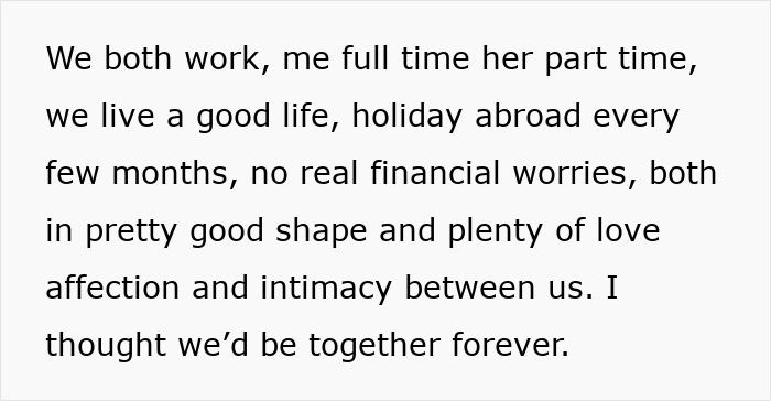 Text on screen about a married woman describing their good life before friend catfishes to prove all women cheat.