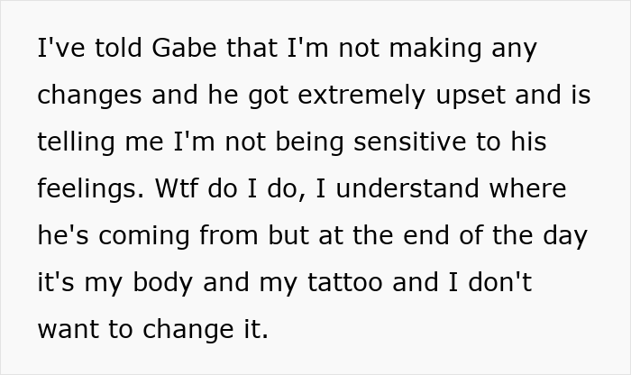 Text conversation about a guy spiraling over fiancée’s tattoo designed by her ex, with a jealous pal influencing wedding plans. Text conversation about a guy spiraling over fiancée’s tattoo designed by her ex, with a jealous pal influencing wedding plans.