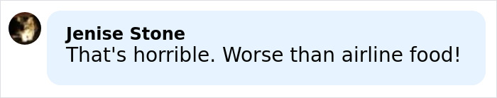 Comment by Jenise Stone saying the food was worse than airline food, expressing disappointment at Critics Choice Awards food quality.