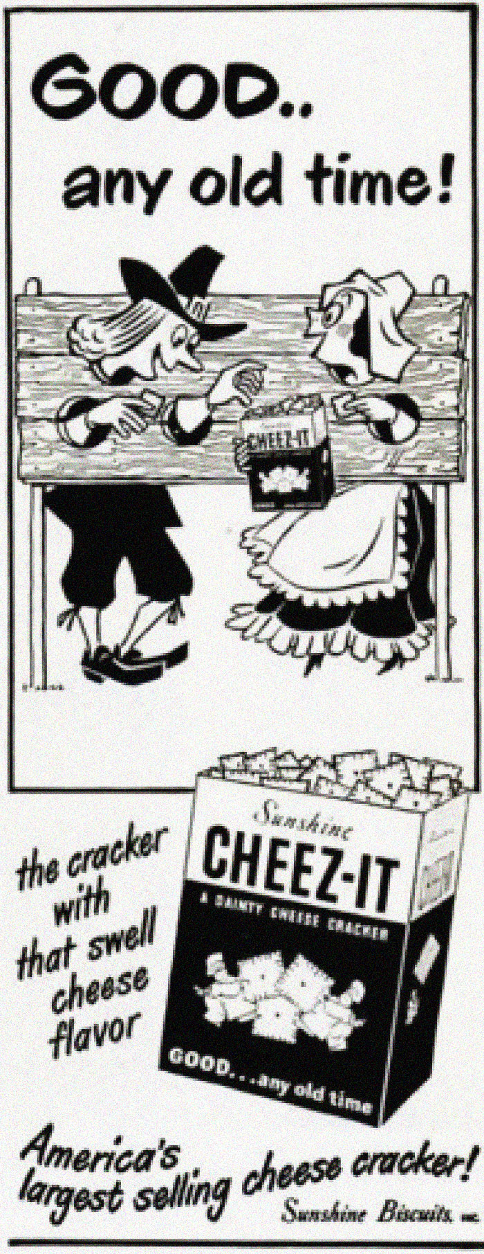 Vintage ads featuring Cheez-It crackers with cheese flavor, showcasing classic quirky characters and nostalgic branding.