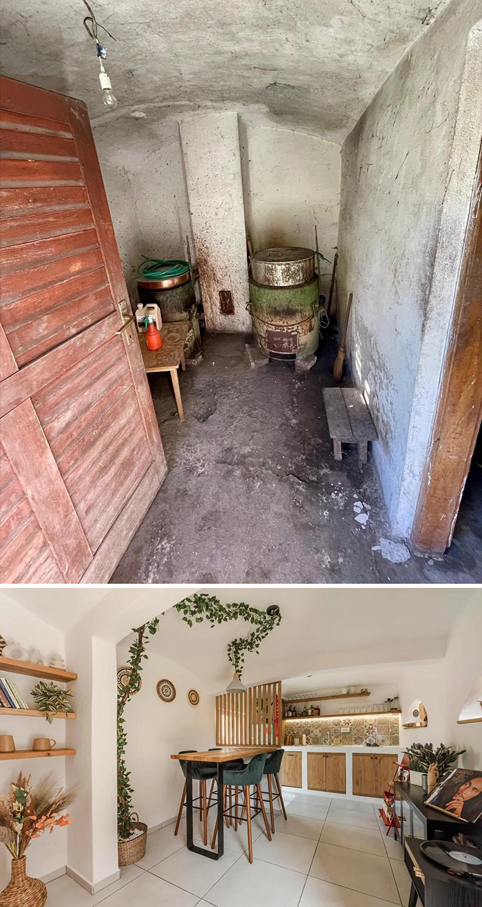 Before and after home decoration transformation showing a rustic room turned into a modern stylish living space.