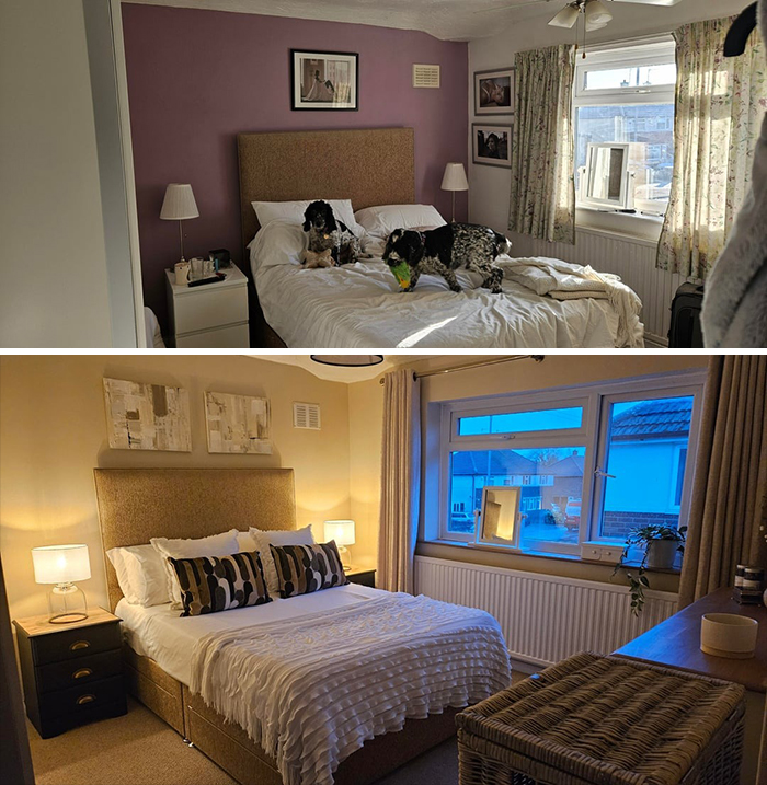 Cozy bedroom home decoration before and after transformation with neat bedding, lamps, and decorative pillows.