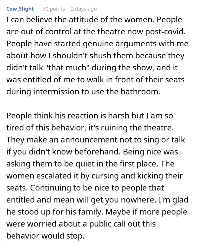 Male Karen Reddit comment screenshot about man's meltdown at Mamma Mia theater over noisy audience