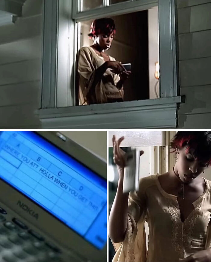 Woman using early mobile phone technology in a scene capturing pop culture moments that made people cringe hard.