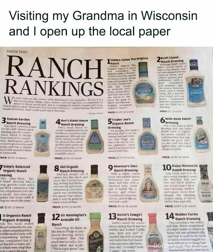 Image of a local Wisconsin paper ranking various ranch dressings, highlighting Midwest life and corn cravings.