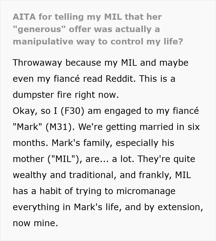 Text post about woman sharing how her MIL&rsquo;s generous gift was actually a manipulative way to control her life and fianc&eacute;.