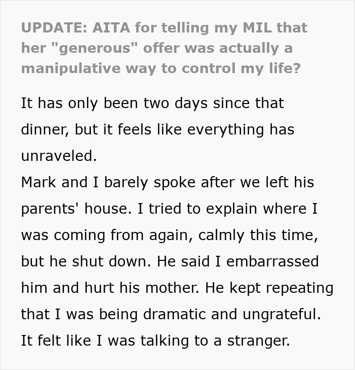 Alt text: Text discussing a woman confronting her MIL about a manipulative, controlling gift described as generous.