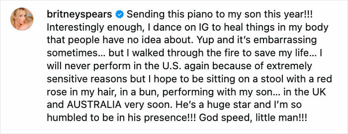 Britney Spears shares emotional message revealing she will never perform in the U.S. again amid backlash and sensitive reasons.