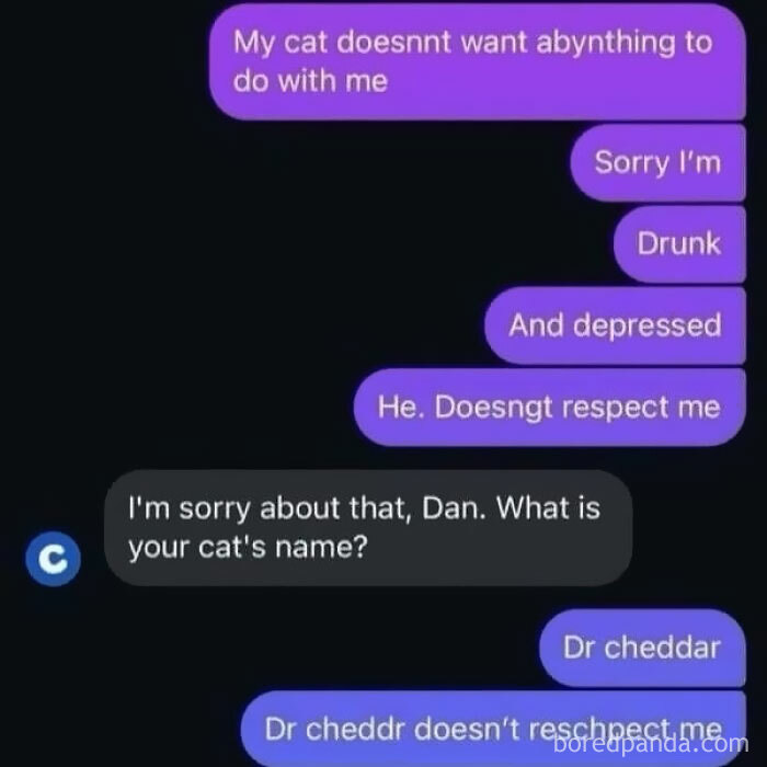 Text conversation showing a funny and relatable therapy meme about a cat that doesn't respect its owner.