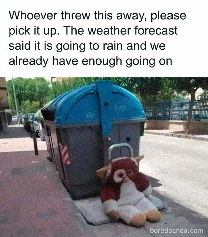 Stuffed animal left by a trash bin with caption reflecting stress, fitting the theme of funny and relatable therapy memes.