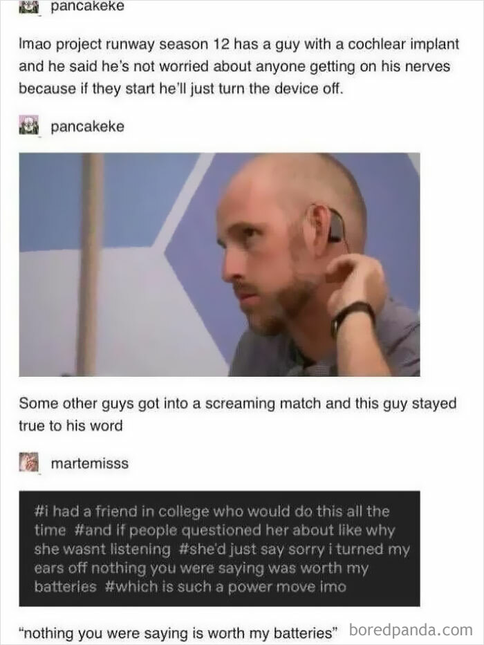 Man with cochlear implant humorously turning off device during loud argument in relatable therapy memes format