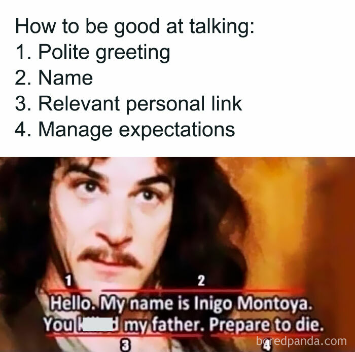 Man with long hair and mustache giving a humorous example of talking skills in a relatable therapy meme format.
