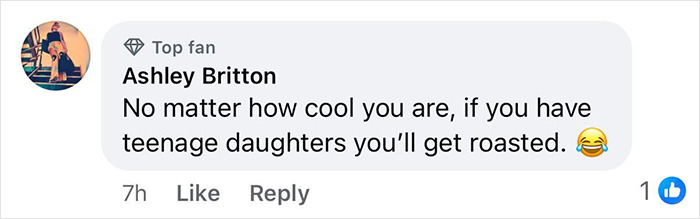 Comment from Ashley Britton mentioning teenage daughters roasting their parents, referencing Matt Damon's teen daughter roasting his red carpet pose.