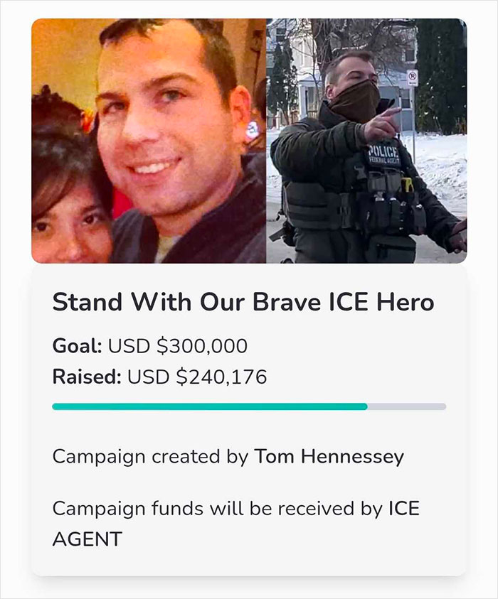 Fundraiser page showing an ICE agent raising over $240,000 online amid outrage over attack on Renee Good.