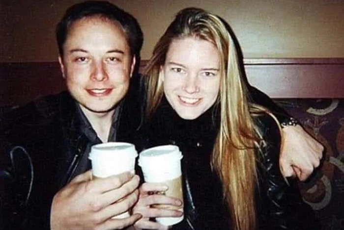 Elon Musk and a Justine Wilson smiling and holding coffee cups, illustrating Elon Musk&rsquo;s children and complex relationships.