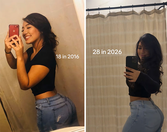 Side-by-side photos showing 2016 vs 2026 comparison of a woman taking mirror selfies, highlighting age progression changes.