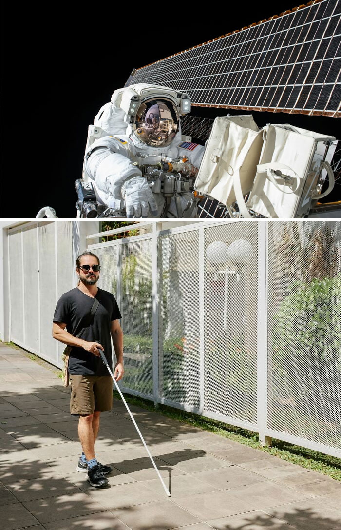 Man with visual impairment using a white cane walking outdoors, illustrating obscure and weird medical facts about blindness.