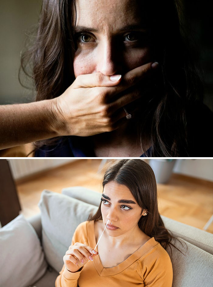 Woman with long dark hair covering her mouth with hand, illustrating obscure and weird medical facts concept.