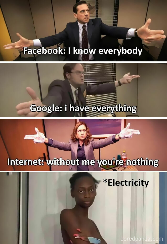 Four-panel funny dad joke meme showing characters from The Office and a woman with captions about Facebook, Google, Internet, and electricity.