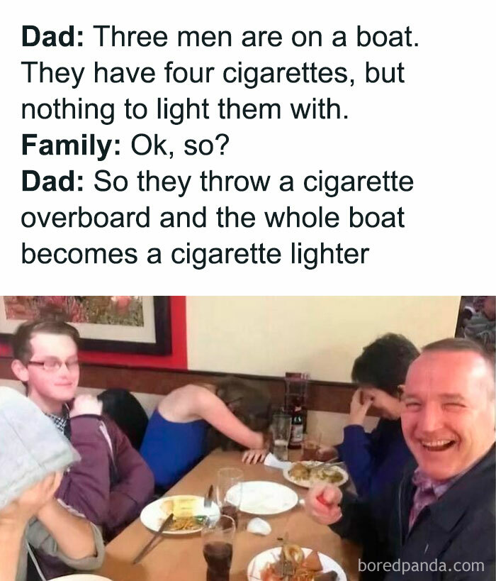 Family reacting to a dad joke about cigarettes and a boat, captured in a humorous dad jokes post.