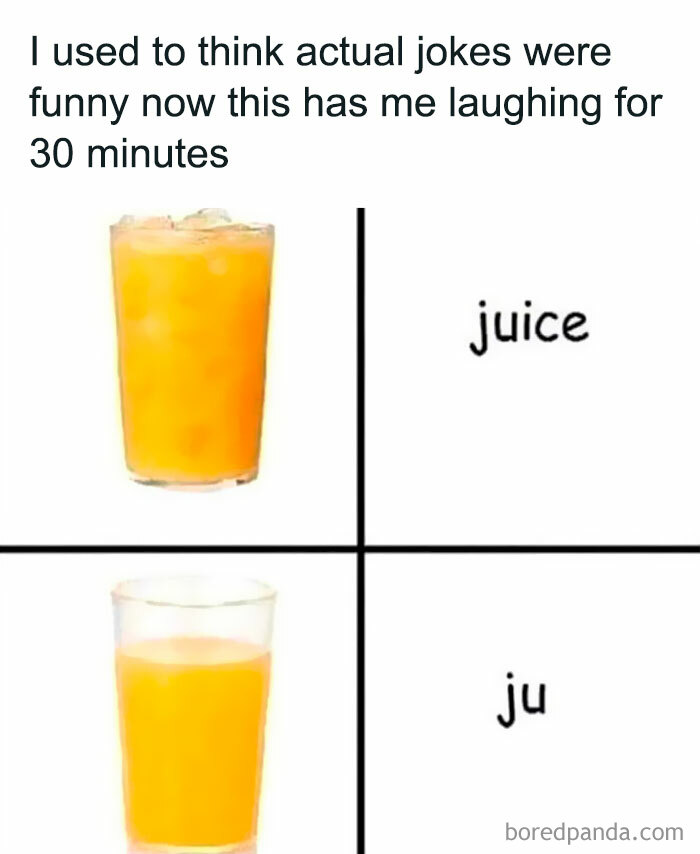 A dad joke image showing two glasses of orange juice with a pun on the word juice for funny dad jokes.