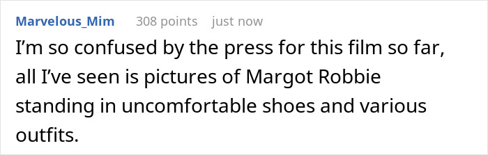 Screenshot of a comment discussing Margot Robbie's outfits, referencing a bathing suit with sleeves in a movie promo.