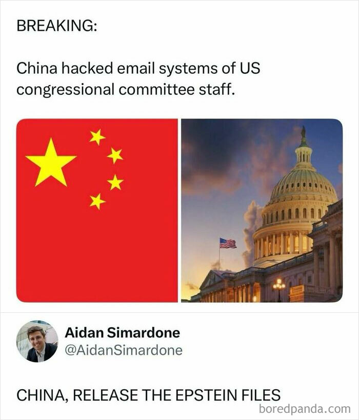 Meme post about China hacking US congressional emails with a call to release Epstein files, part of internet posts collection.