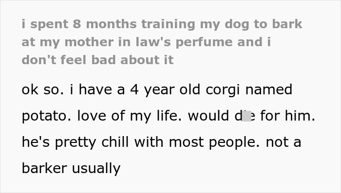Text post about training a dog to bark at mother-in-law&rsquo;s perfume, highlighting MIL runs to the priest after son-in-law&rsquo;s revenge.