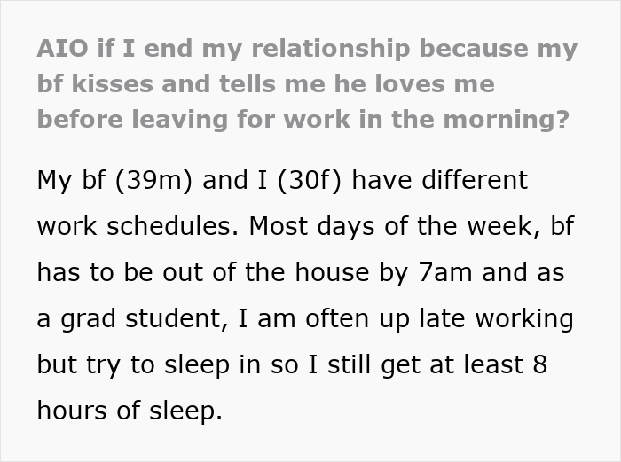 Text excerpt discussing a man's lovey-dovey morning ritual of kisses and love, annoying his tired girlfriend.