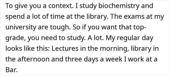 Text excerpt describing a student&rsquo;s daily routine studying biochemistry and working at a bar while managing tough university exams.