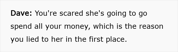 Text showing a conversation with Dave explaining why a guy hides his real net worth from his wife and faces a brutal reality check.